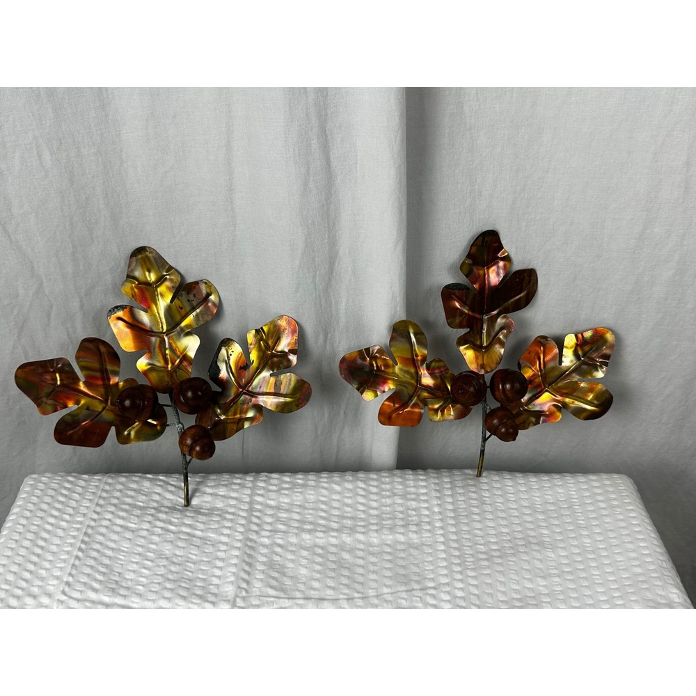 Vtg HOMCO Brass Copper Oak Leaves Wood Acorns Wall Decor Autumn Fall 70s